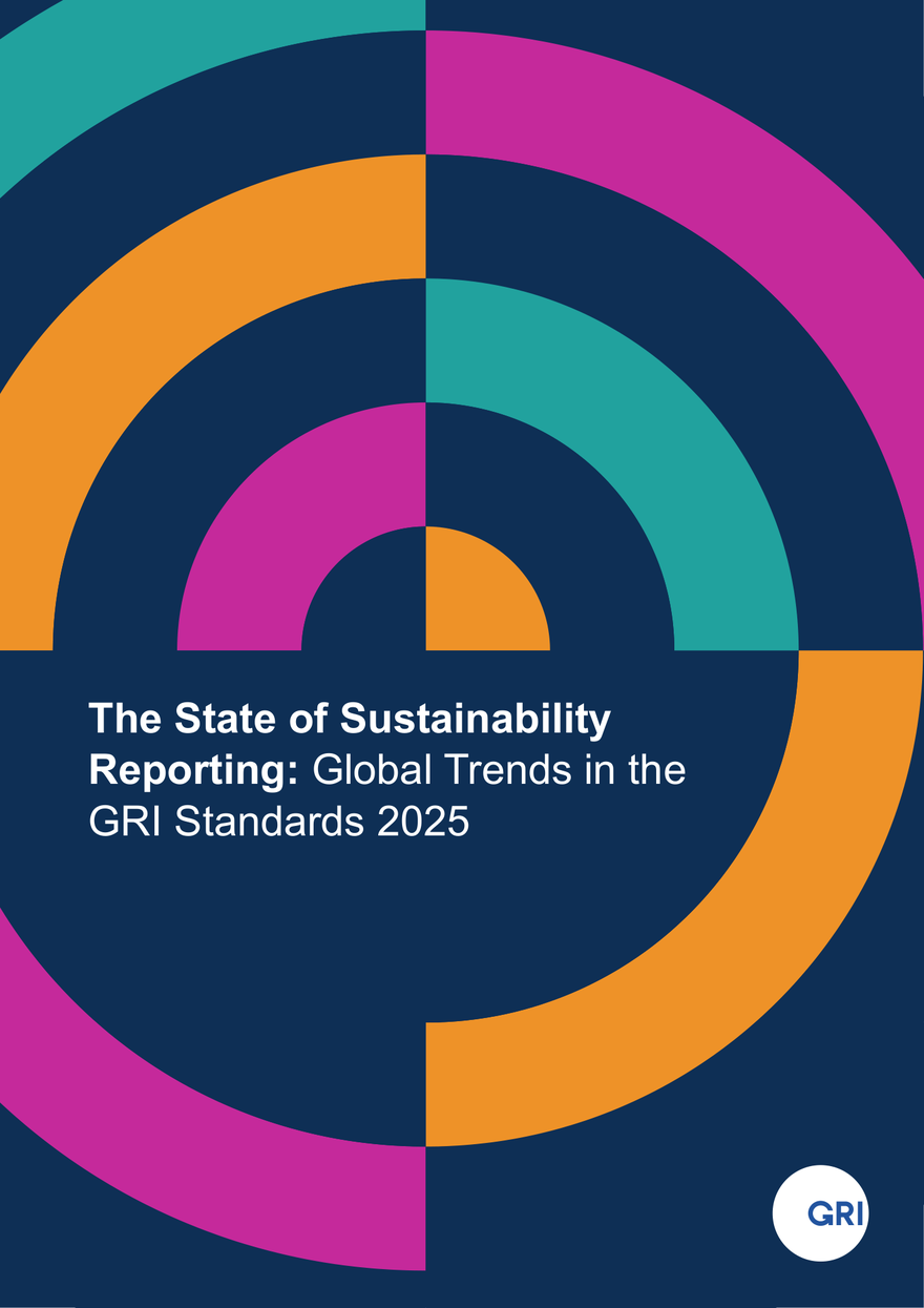 GRI《The State of Sustainability Reporting: Global Trends in the GRI Standards 2025》報告封面，深藍底同心圓幾何設計，右下角為GRI標誌