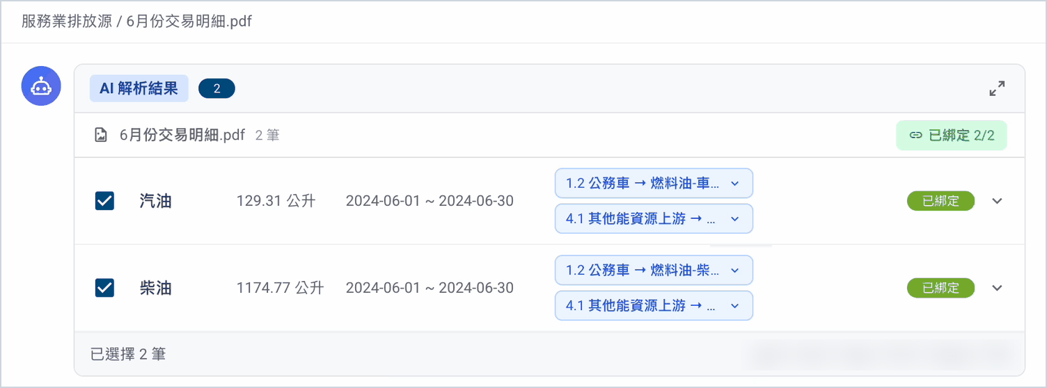 匯入完成畫面:汽油與柴油兩筆各綁定1.2公務車與4.1其他能資源上游兩個排放源,狀態顯示已綁定2/2